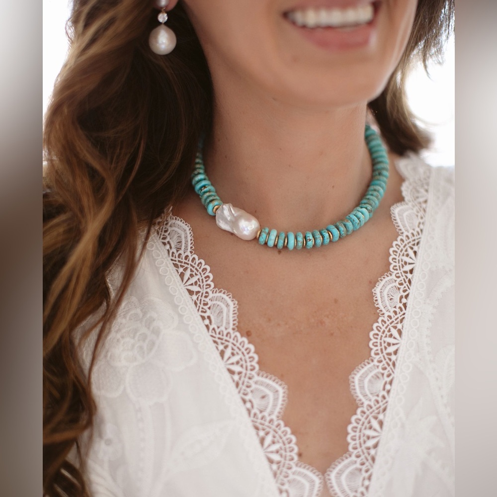 Freshwater Cultured White Keshi Pearl Blue Disc Turquoises Gems Stone Necklace